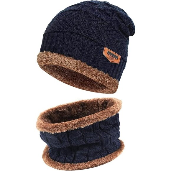 🆕 Kids Blue Toddler Winter Warm Knit Beanie Hat Neck Scarf Set Fleece Cap Gift - Picture 1 of 6